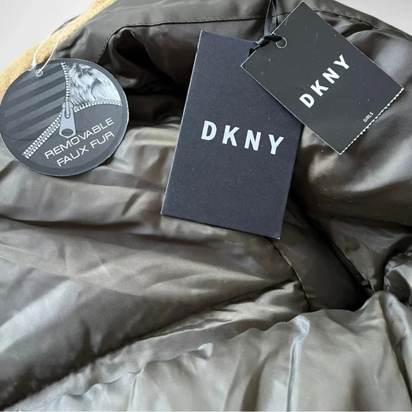 DKNY Girls Olive Green‎ Stadium Parka Cinched Waist Faux Fur Trim Large | NWT - Picture 12 of 14